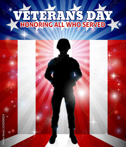 A patriotic soldier standing in front of an American flag Veterans Day background concept