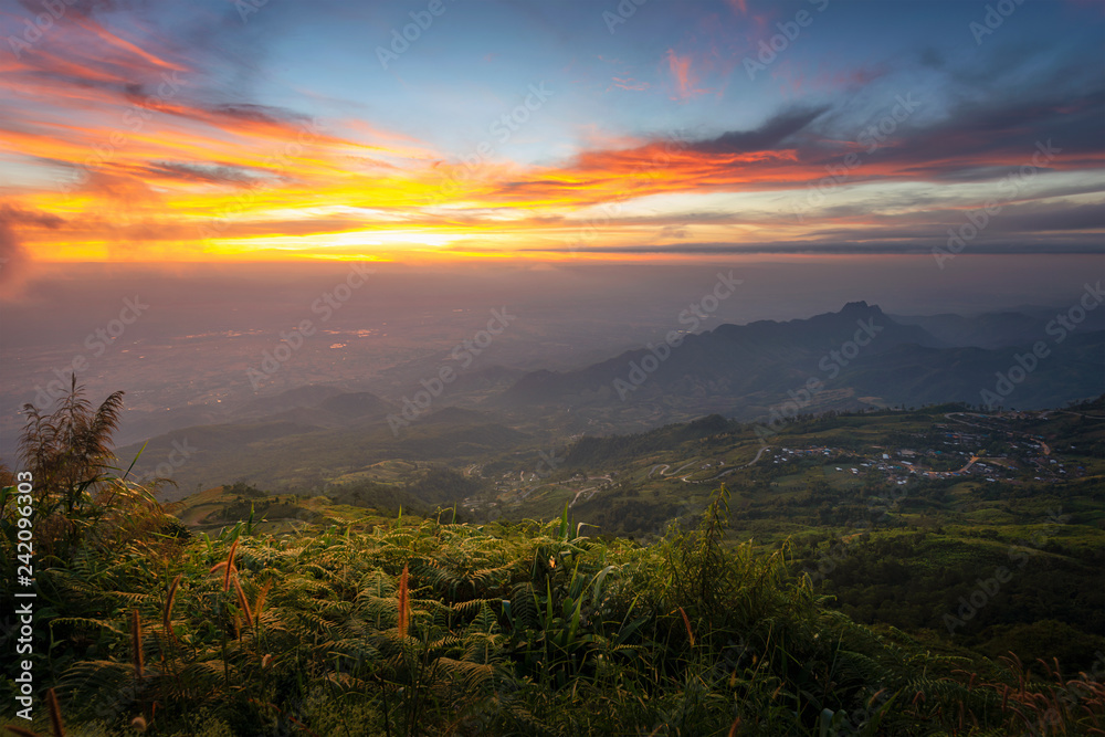 Sunrise mountain view of Phu Tab Berk hill Panorama in  Phetchabun, Thailand .