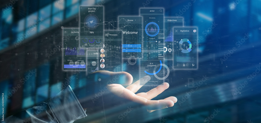 Businessman holding User interface screens with icon, stats and data 3d rendering Businessman holding User interface screens with icon, stats and data 3d rendering