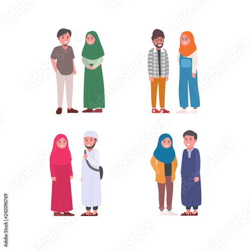 Set of Young Moslem Couple Doodle Vector Illustration