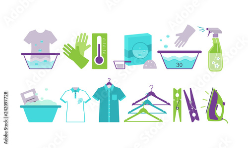 Laundry room icons set, iron, basin, hangers, washing chemicals bottles, clothespins, gloves vector Illustration
