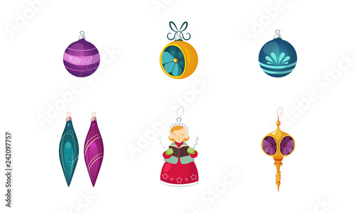 Colorful Christmas toys and decorations of different shapes vector Illustration