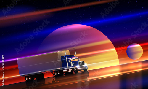Truck rides on highway in space. Classic big rig semi truck with dry van on colorful cosmic background of starry sky. Interplanetary interstellar space transportation, vector illustration