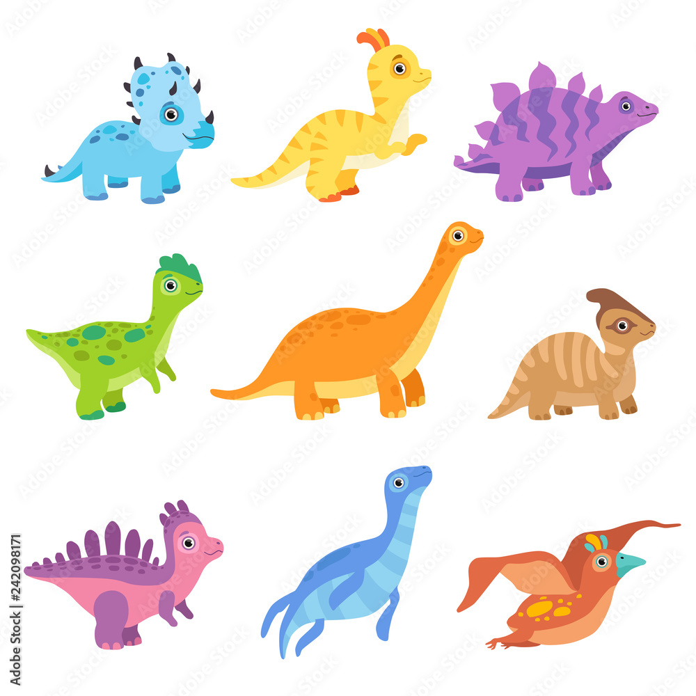 Collection of cute colorful dinosaurs, funny baby dino cartoon characters  vector Illustration Stock Vector | Adobe Stock