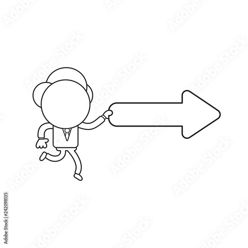 Vector illustration of businessman character running and holding arrow pointing right. Black outline.