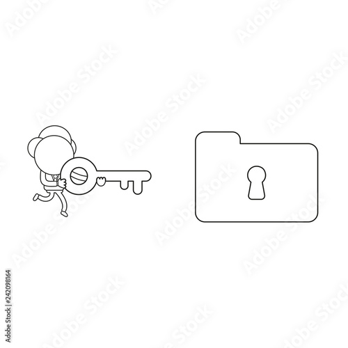 Vector illustration of businessman character running and carrying keyhole to lock or unlock file folder. Black outline.