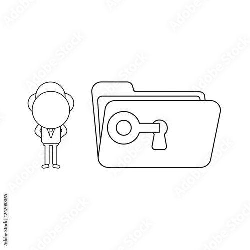 Vector illustration of businessman character unlock file folder with key. Black outline.