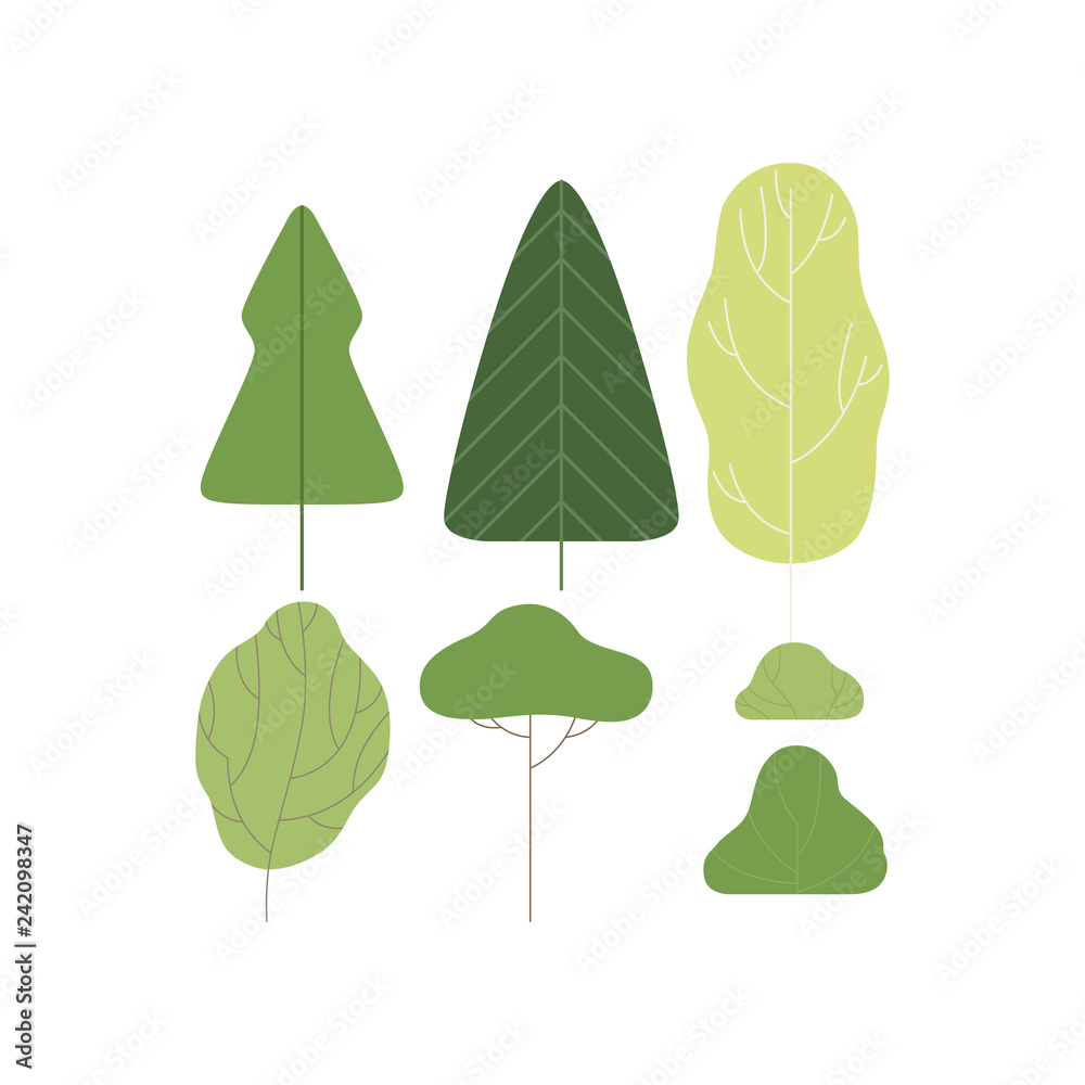Green trees, summer landscape design elements vector Illustration