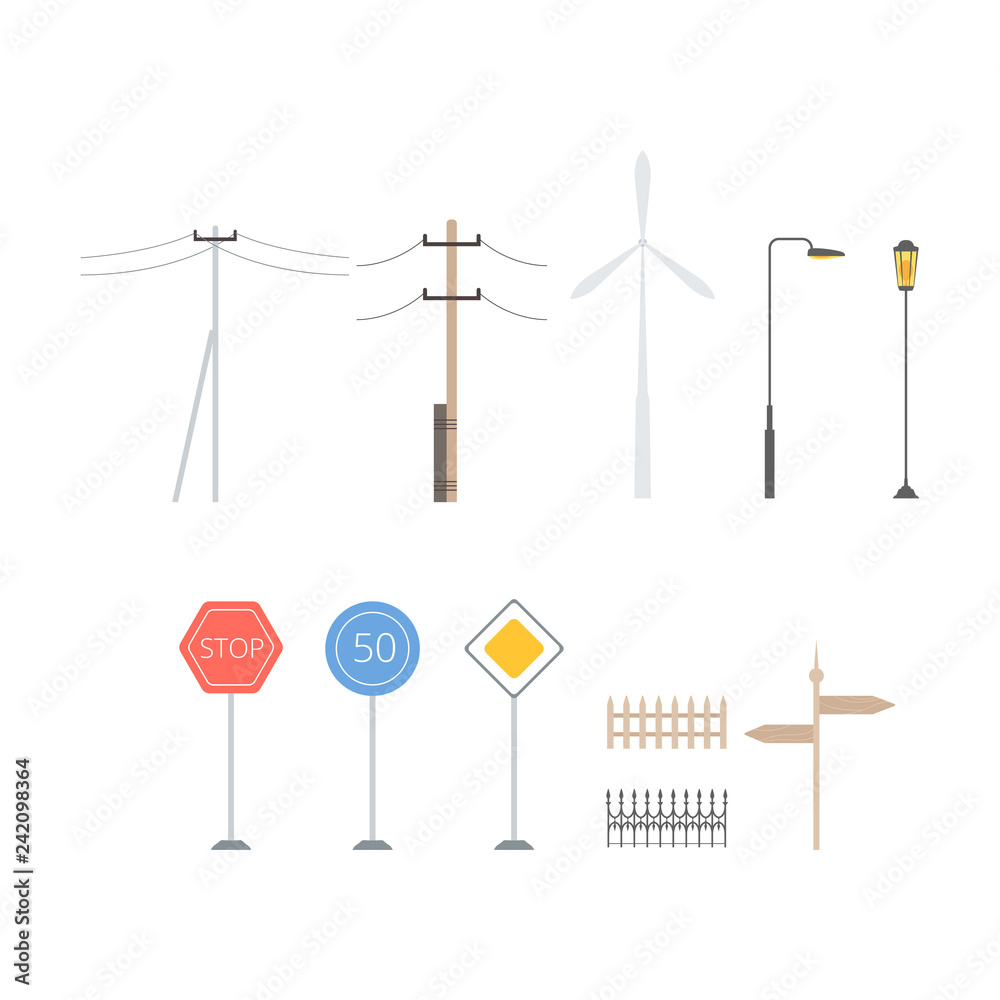 Light posts, traffic signs, direction pointers, fences, windmill, collection of city street landscape design elements vector Illustration Light posts, traffic signs, direction pointers, fences, windmill, collection of city street landscape design elements vector Illustration