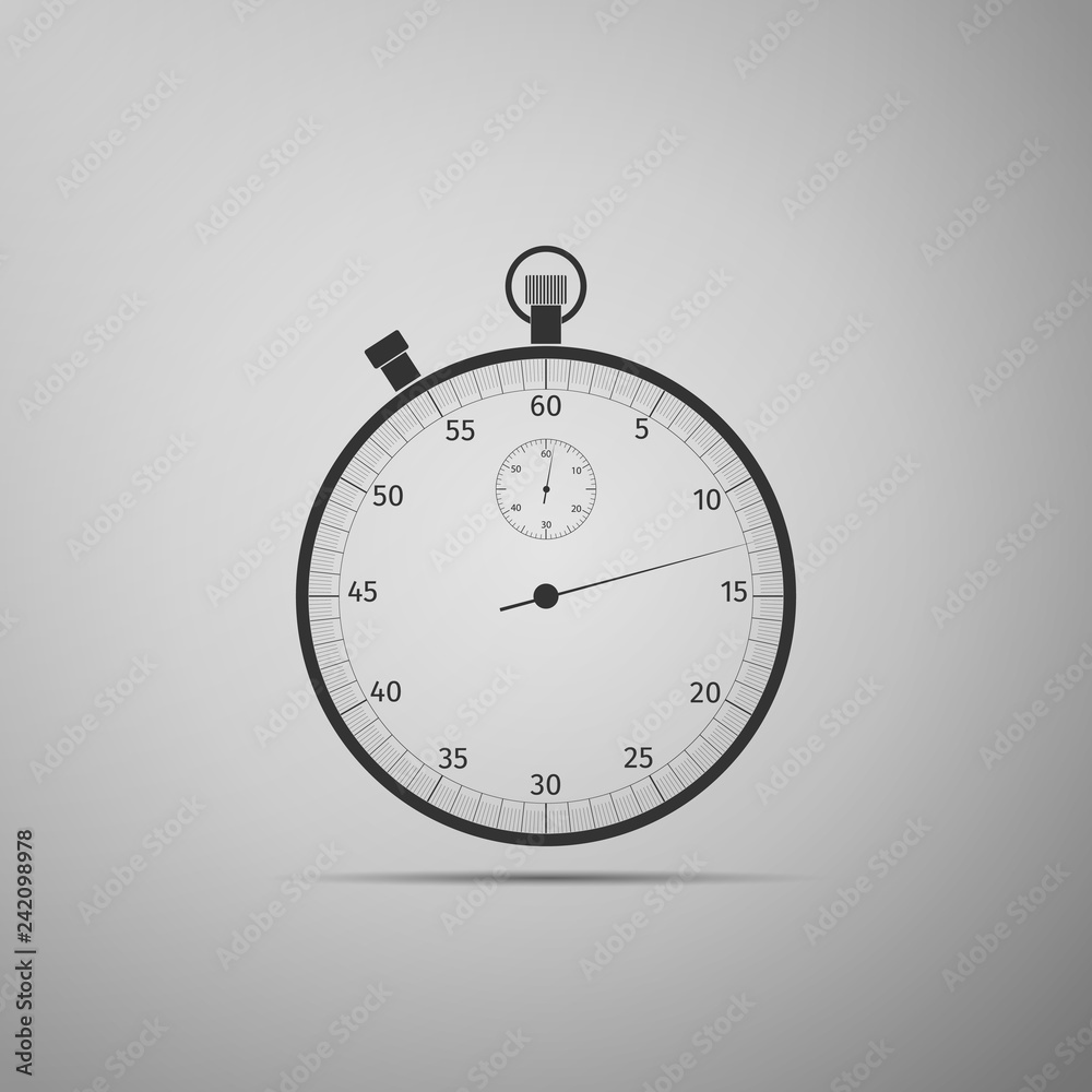 Classic stopwatch icon isolated on grey background. Timer icon. Chronometer sign. Flat design. Vector Illustration Classic stopwatch icon isolated on grey background. Timer icon. Chronometer sign. Flat design. Vector Illustration