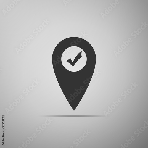 Map pointer with check mark icon isolated on grey background. Marker location sign. Tick symbol. For location maps. Sign for navigation. Flat design. Vector Illustration