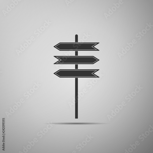 Road traffic sign. Signpost icon isolated on grey background. Pointer symbol. Blank board with place for text. Isolated street information sign. Direction sign. Flat design. Vector Illustration