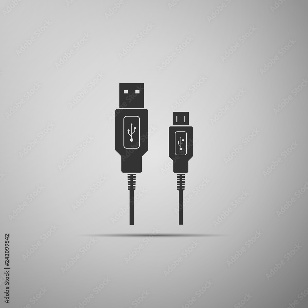 USB Micro cables icon isolated on grey background. Connectors and sockets for PC and mobile devices. Computer peripherals connector or smartphone recharge supply. Flat design. Vector Illustration