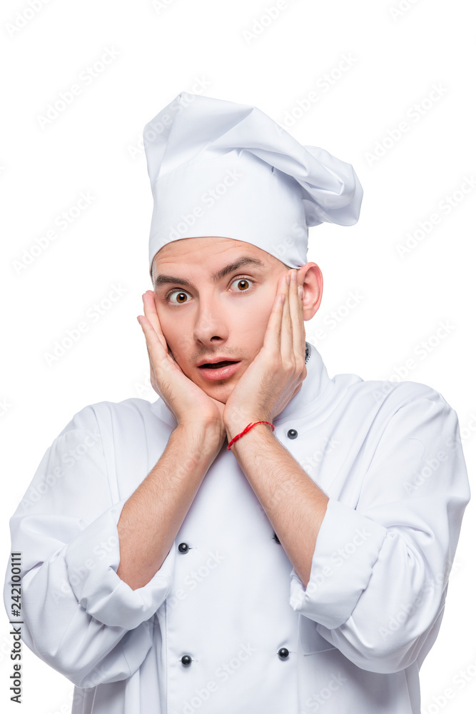 surprised and shocked chef, emotional male portrait on white background surprised and shocked chef, emotional male portrait on white background