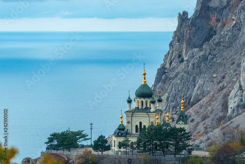 Beautiful Church of the Resurrection of Christ, Foros church on a rock in the Crimea against the background of the sea, Russia