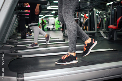 Cut view of yougn women's legs walking on running track in gym. © estradaanton