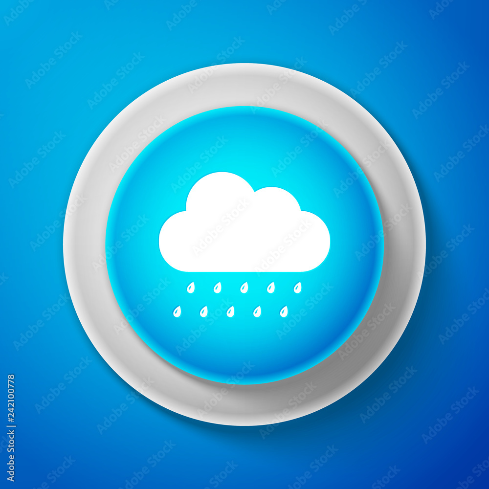 White Cloud with rain icon isolated on blue background. Rain (nimbus) cloud precipitation with rain drops. Circle blue button with white line. Vector illustration White Cloud with rain icon isolated on blue background. Rain (nimbus) cloud precipitation with rain drops. Circle blue button with white line. Vector illustration