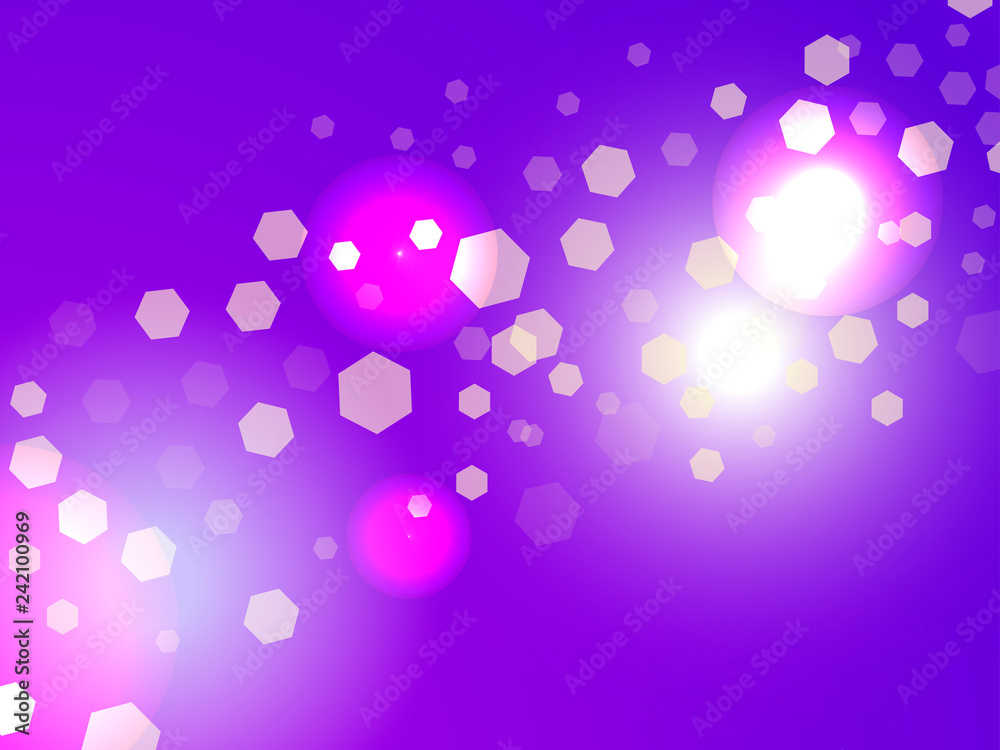 Abstract light background. Bokeh effect. Hexagons on violet gradient. Vector illustration