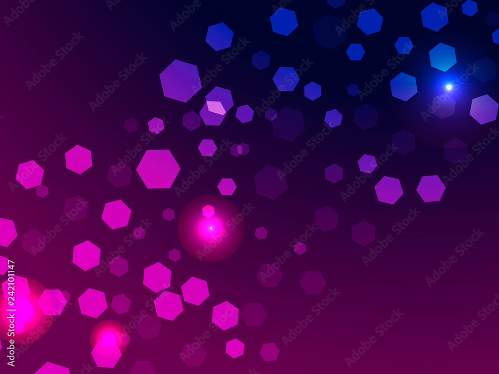 Abstract light background. Bokeh effect. Hexagons on violet gradient. Vector illustration