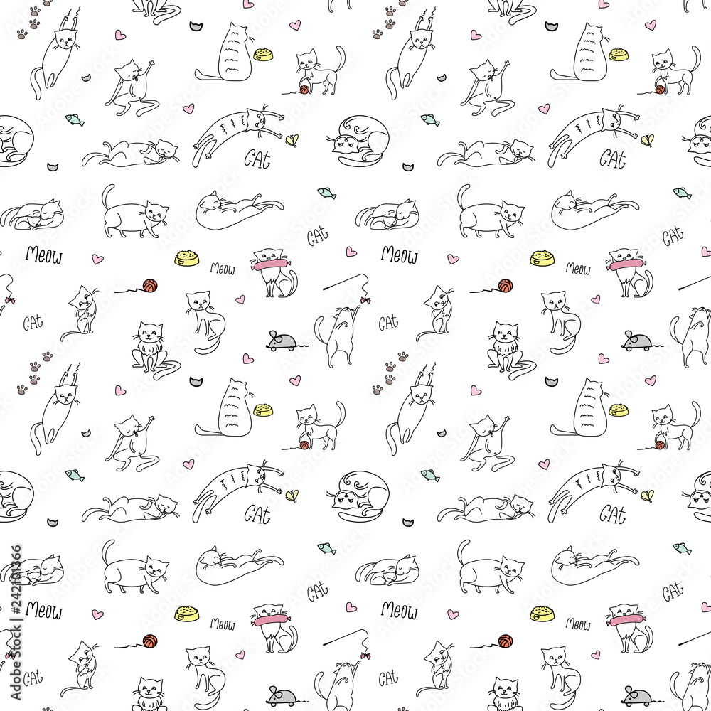 Funny cute cats seamless pattern,hand drawn background, Funny cute cats seamless pattern,hand drawn background,