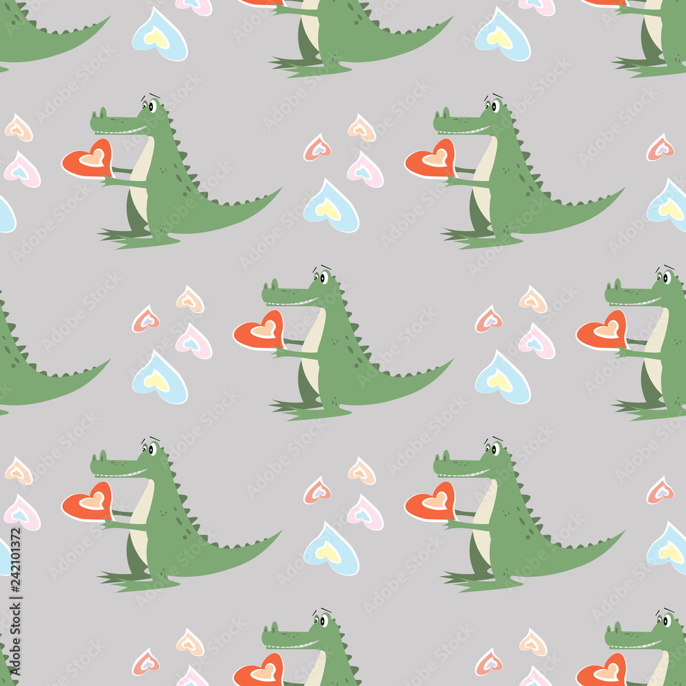 Fototapeta premium funny cartoon crocodile with a heart seamless pattern