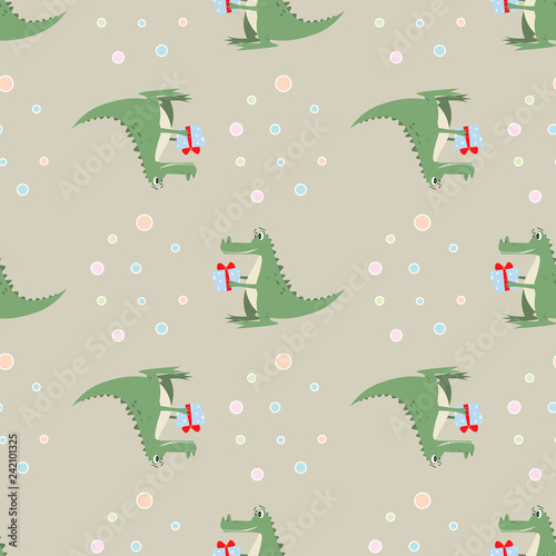funny cartoon crocodile with a gift. seamless pattern
