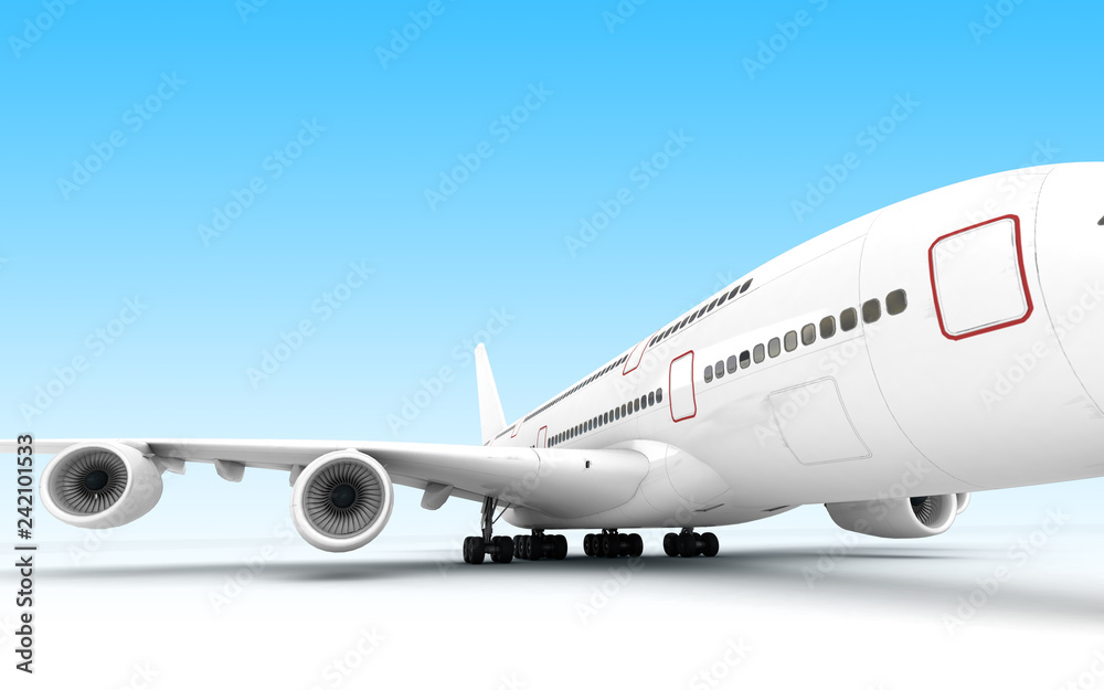 3D illustration. Front view of the left side of airplane Airbus A380 stands still isolated on blue background. Perspective 3D illustration. Front view of the left side of airplane Airbus A380 stands still isolated on blue background. Perspective