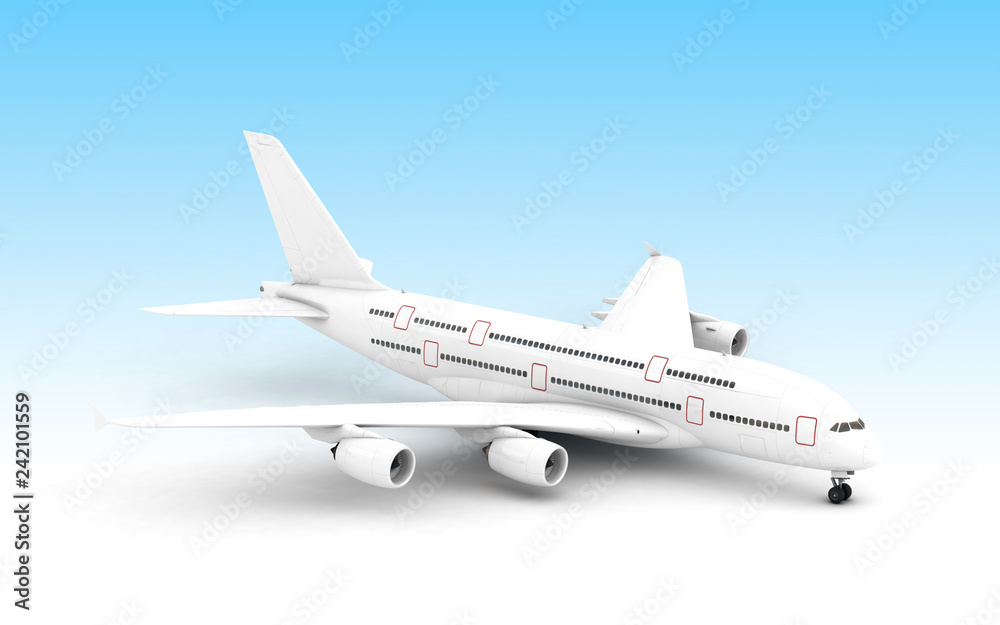 White airplane Airbus A380 stands still isolated on blue background. High angle view. 3D illustration. White airplane Airbus A380 stands still isolated on blue background. High angle view. 3D illustration.