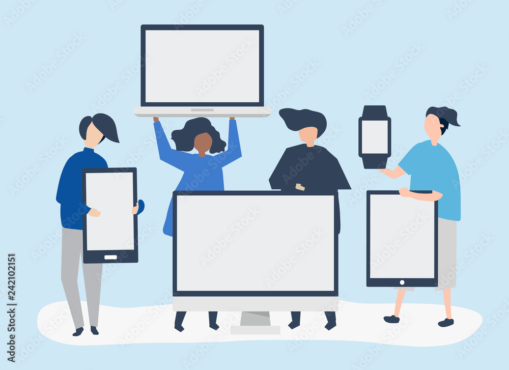Character illustration of people with different digital devices Character illustration of people with different digital devices