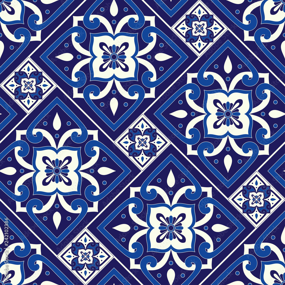 Italian tile pattern seamless vector with vintage ornaments. Portuguese azulejos, mexican talavera, sicily majolica, delft dutch, spanish ceramic. Mosaic texture for kitchen wall or bathroom flooring.