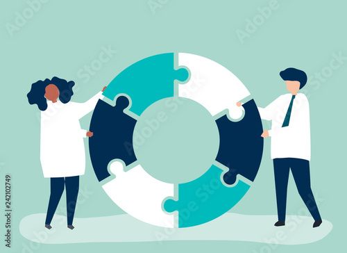 People carrying jigsaw pieces of a donut chart