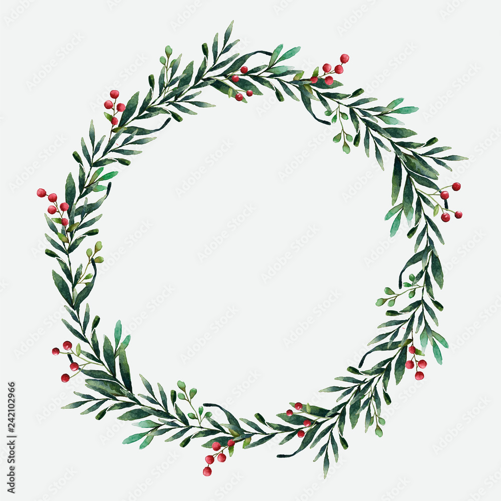 Round Christmas wreath vector watercolor style