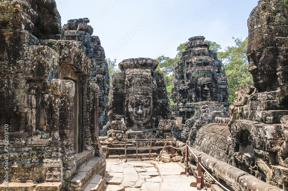Anciente stone heads in Bayon temple in Angkor Wat, Cambodia.