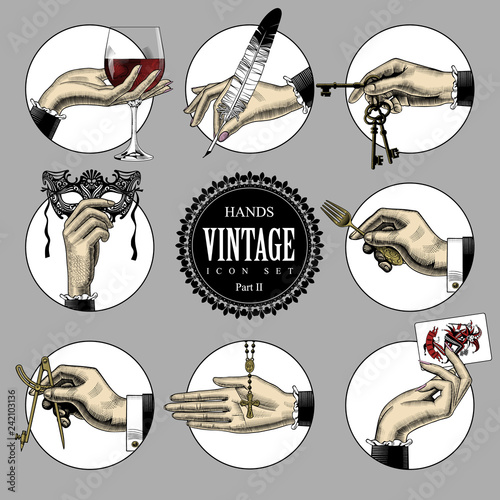 Set of round icons in vintage engraving style with hands and accessories. Retro business icons. Vector illustration