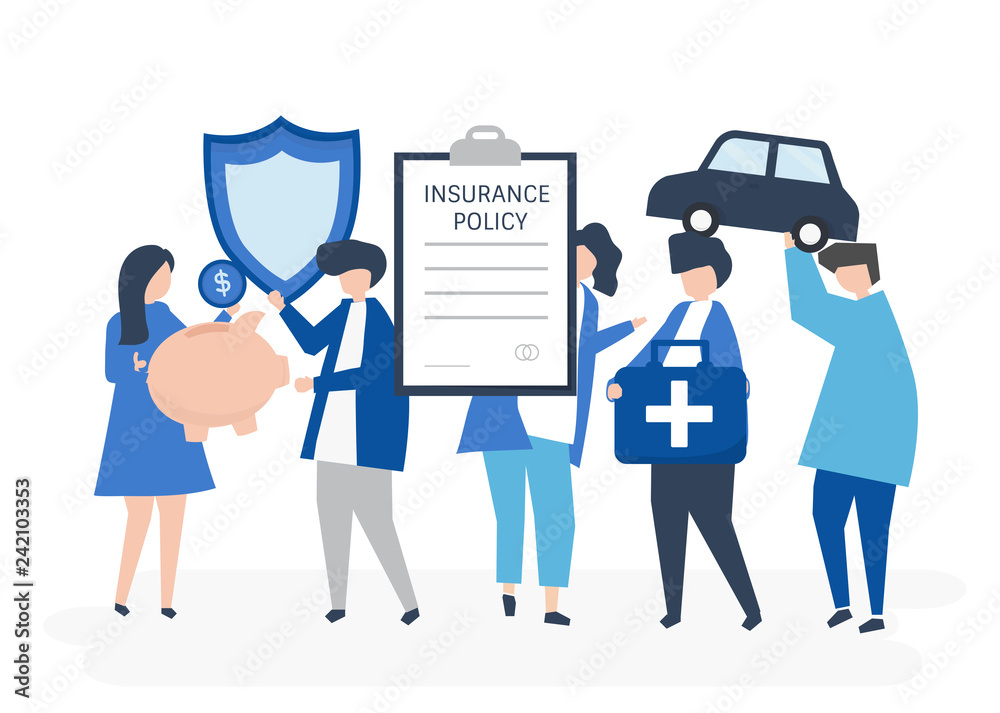 Characters of people holding insurance icons illustration