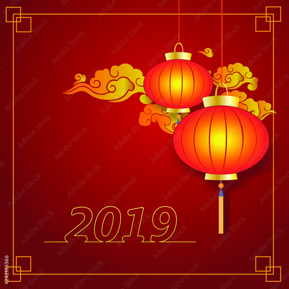 Chinese traditional red lanterns on cloud background isolated on red background, figures 2019, frame .Vector illustration
