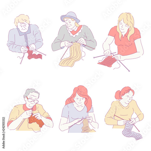 People busy with creative work knitting hobby of ladies