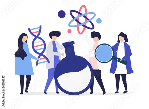 Characters of scientists holding chemistry icons illustration