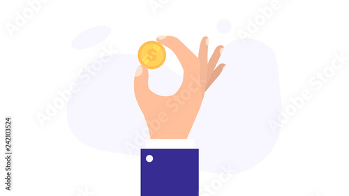 Male hand holding golden dollar coin. Business concept of personal investments and savings. Modern vector illustration.