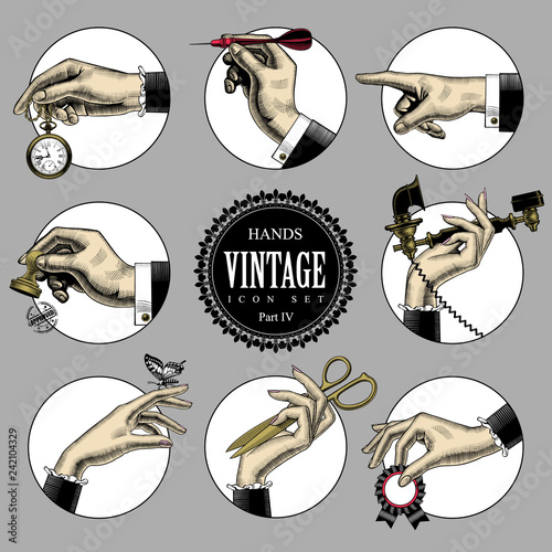 Set of round icons in vintage engraving style with hands and accessories. Retro business icons. Vector illustration