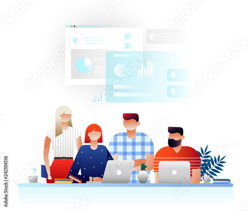 Vector illustration. Characters design.Communication and marketing. Statistics and business statement. Project management and financial report strategy. office workers are studying the infographic