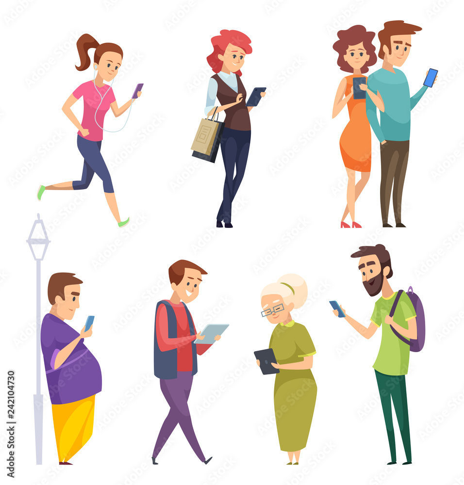 Characters with gadgets. Man woman kids internet chatting by smartphones tablets smart pad cartoon vector people. Illustration of man and woman with smartphone, online using device