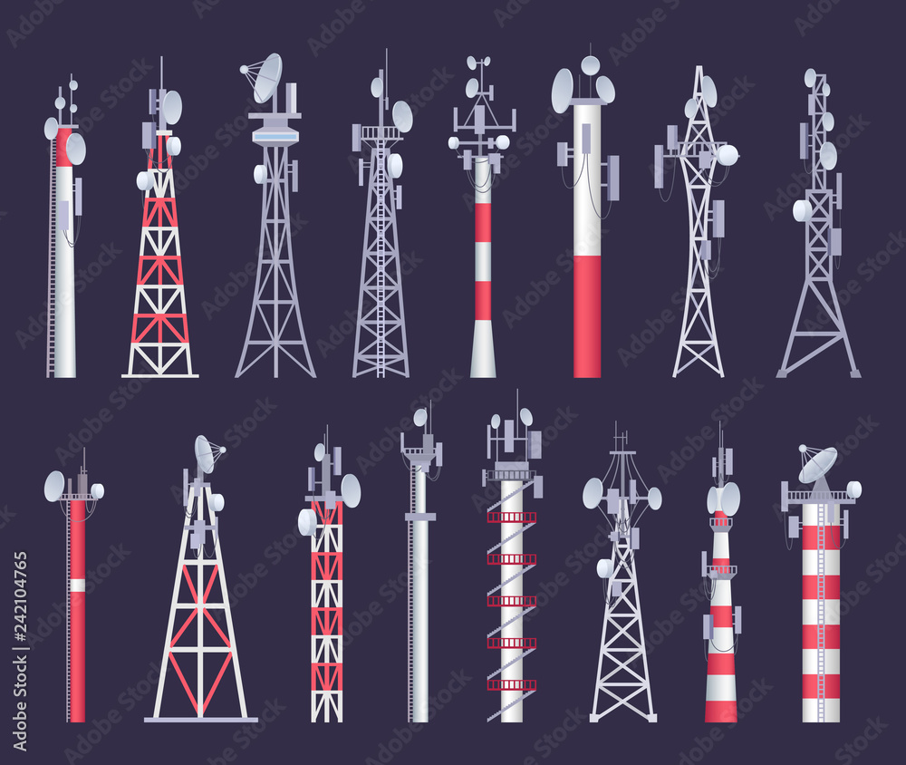 Wireless tower. Tv radio network communication satellite antena signal  vector pictures. Illustration of set radio tower and network transmission  broadcasting Stock Vector | Adobe Stock
