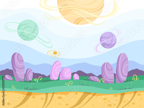 Alien seamless background. Moon surface strange futuristic fantasy planet ground explorer mountain 2d games vector cartoon picture. Illustration of landscape game surface level, gui for videogame