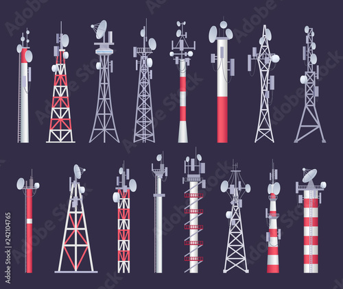 Wireless tower. Tv radio network communication satellite antena signal vector pictures. Illustration of set radio tower and network transmission broadcasting