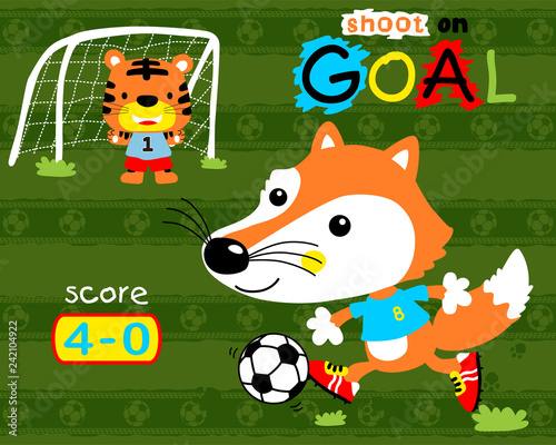 animal cartoon vector with fox and cat play soccer