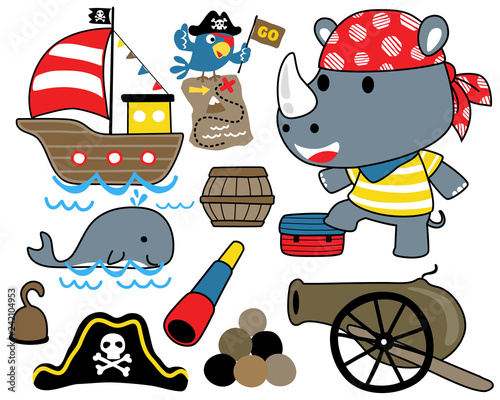 set of sailing equipment with funny pirates cartoon