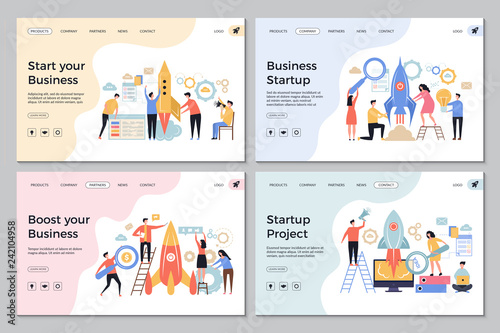 Startup landing pages. Web business sites design templates office managers director successful people launch startup vector symbols. Illustration of startup project, promotion and teamwork