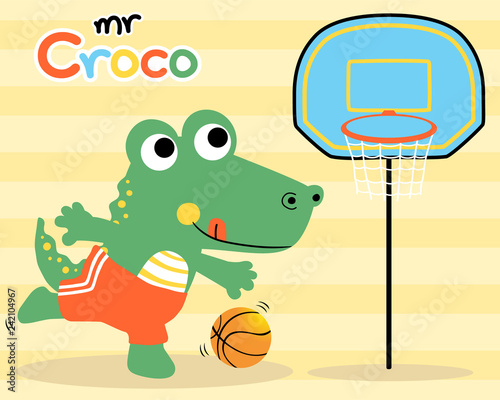Nice crocodile cartoon playing basketball