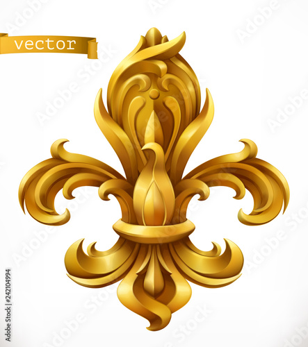 Fleur-de-lis, stylized lily gold emblem. 3d vector icon